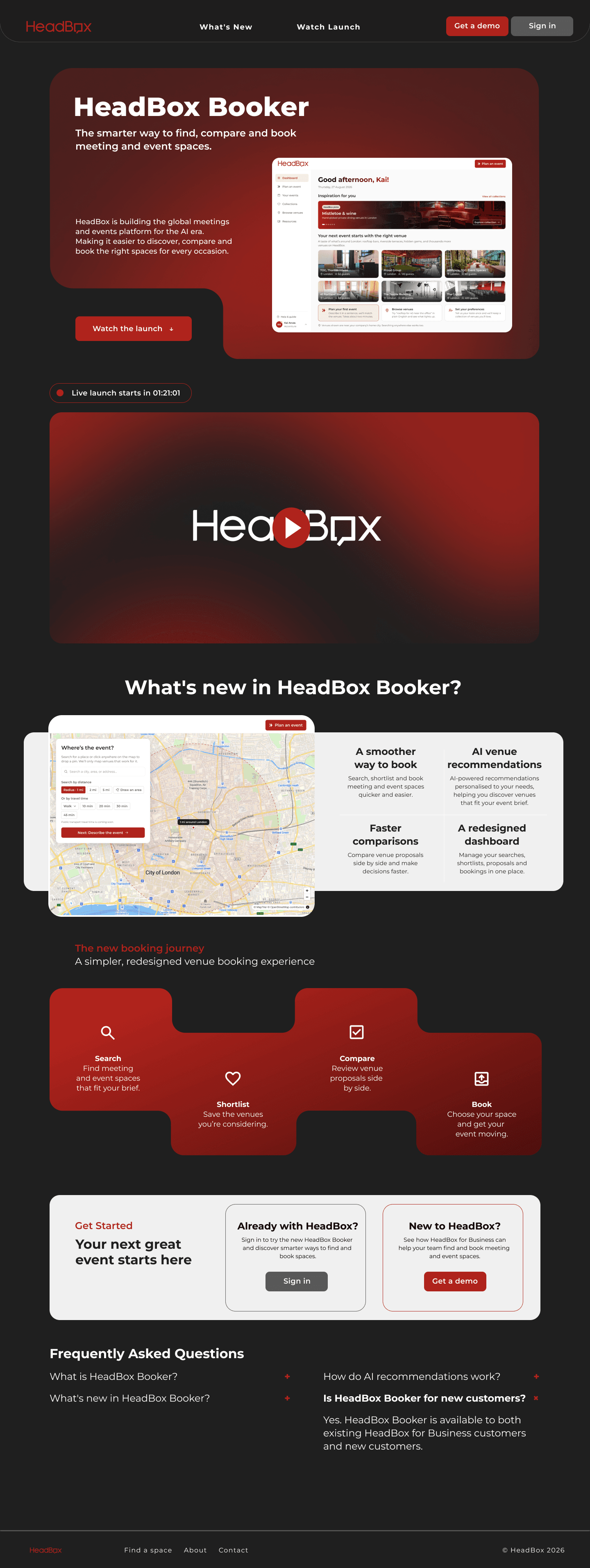 HeadBox Booker countdown landing page dark theme