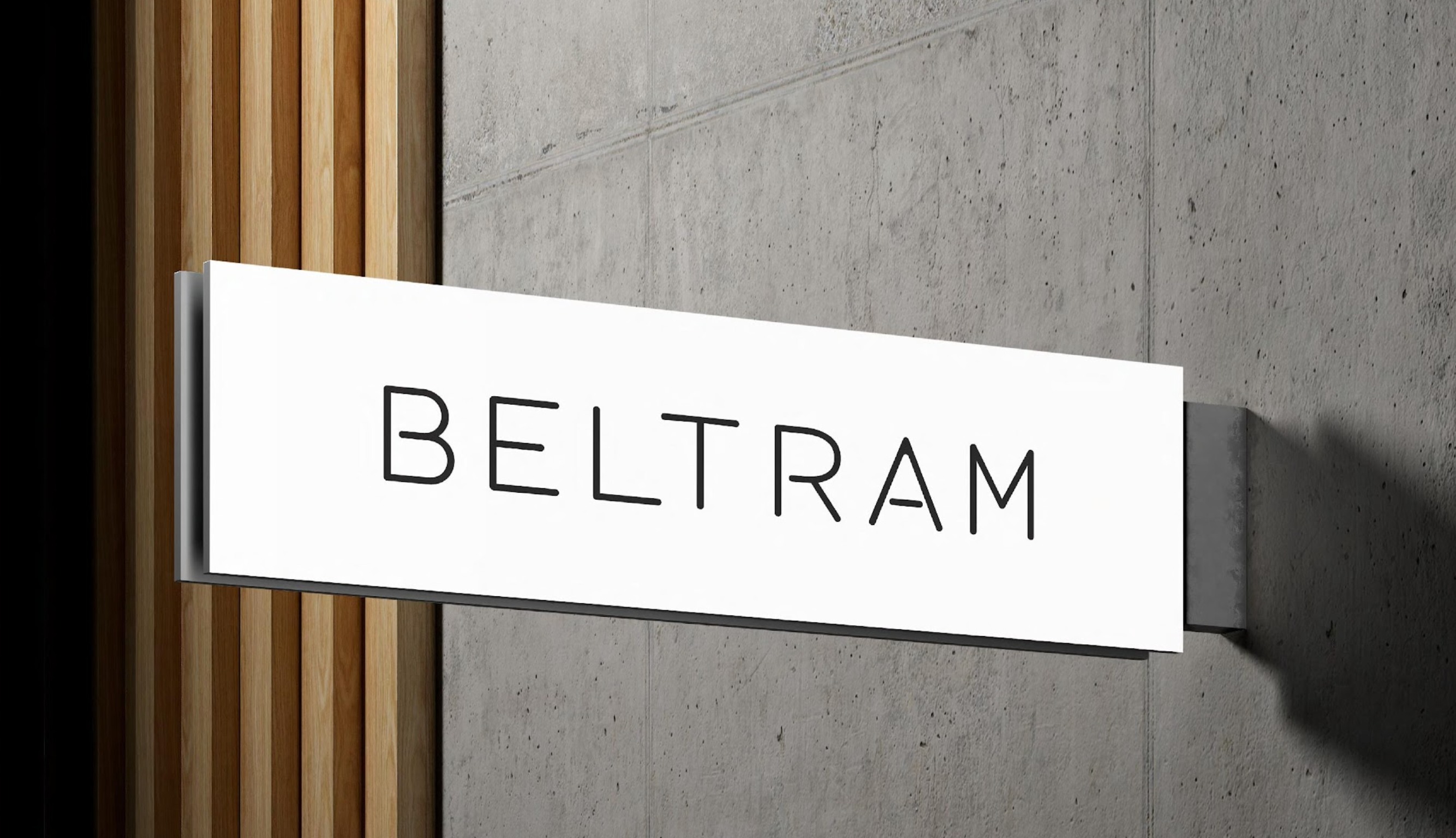 Beltram brand signage and business cards showcasing sustainable design elements
