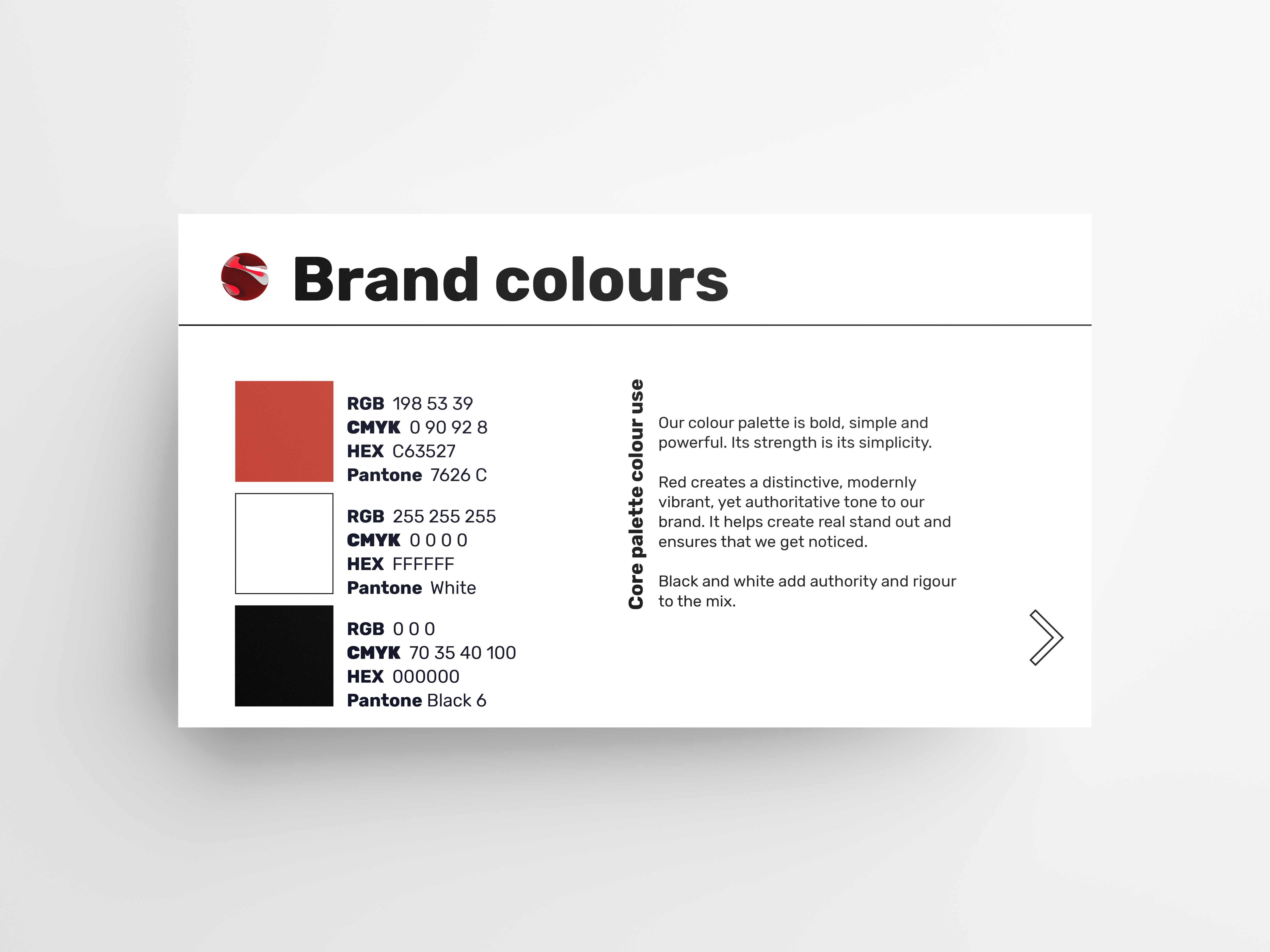 SumoCo brand colors showing the red, white, and black color palette with RGB, CMYK, HEX, and Pantone values